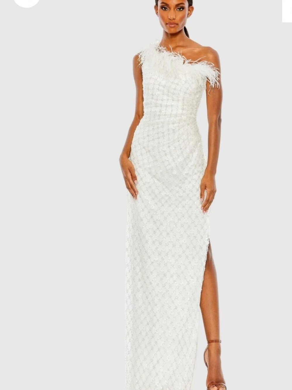 Mac Duggal White Embellished One Shoulder Gown With Ostrich Feather